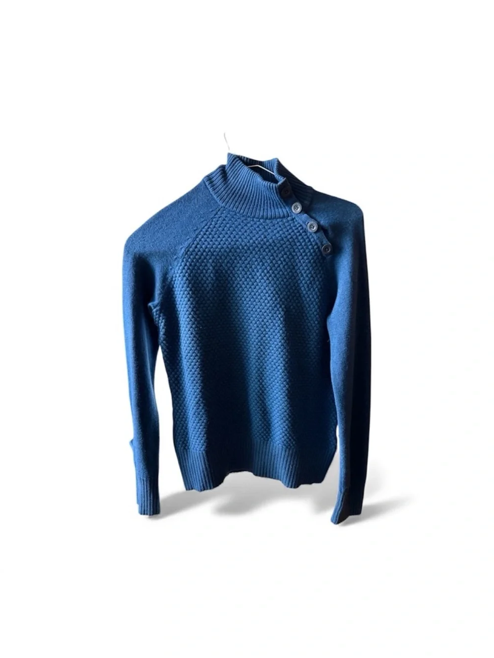 The North Face Blue Wool Blend Mock Neck Button Sweater Medium